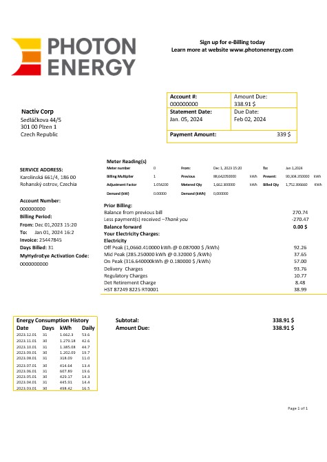 Czech Republic Photon Energy business utility bill template in Word and pdf formats